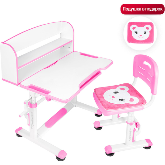 Комплект QP-PARTU 210470 Anatomica Legare парта + стул + надстройка + выдвижной ящик белый/розовый