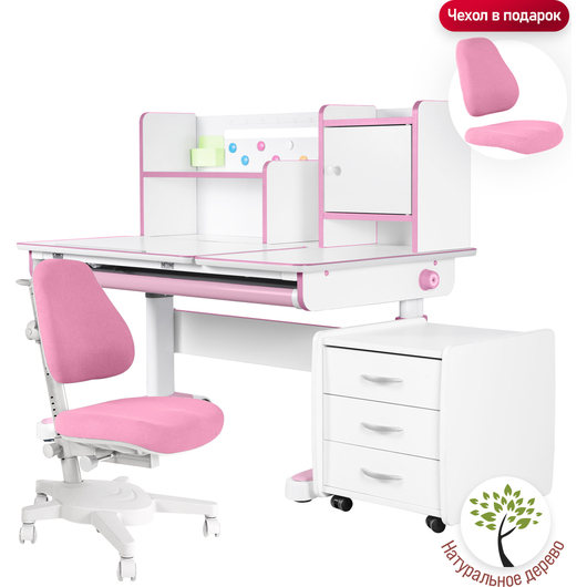 Комплект QP-PARTU 214532 Anatomica Premium Granda Plus парта + кресло + тумба + надстройка + органайзер белый/розовый с розовым креслом Armata