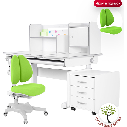 Комплект QP-PARTU 214527 Anatomica Premium Granda Plus парта + кресло + тумба + надстройка + органайзер белый/серый с зеленым креслом Armata Duos