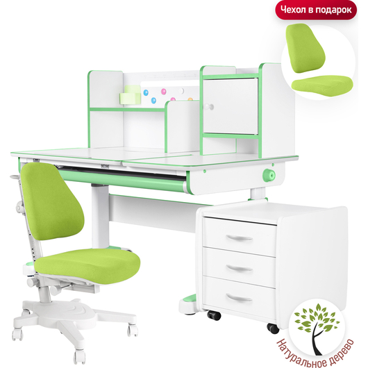 Комплект QP-PARTU 214535 Anatomica Premium Granda Plus парта + кресло + тумба + надстройка + органайзер белый/зеленый с зеленым креслом Armata