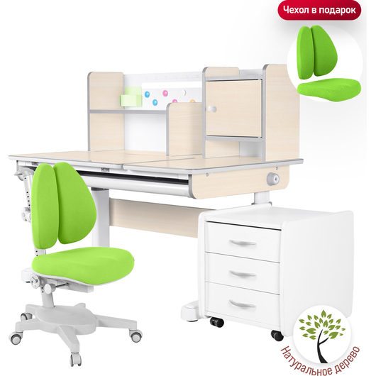 Комплект QP-PARTU 214547 Anatomica Premium Granda Plus парта + кресло + тумба + надстройка + органайзер клен/серый с зеленым креслом Armata Duos