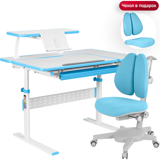 Комплект QP-PARTU 214439 Anatomica Dunga парта + кресло + надстройка + органайзер + подставка для книг белый/голубой с голубым креслом Armata Duos