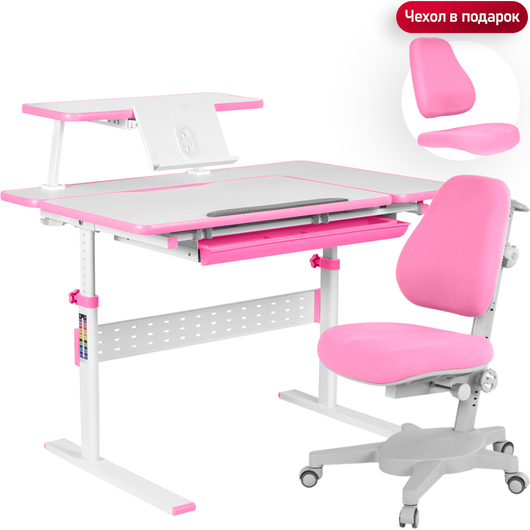 Комплект QP-PARTU 214436 Anatomica Dunga парта + кресло + надстройка + органайзер + подставка для книг белый/розовый с розовым креслом Armata