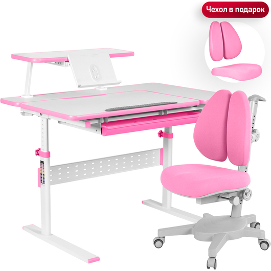 Комплект QP-PARTU 214440 Anatomica Dunga парта + кресло + надстройка + органайзер + подставка для книг белый/розовый с розовым креслом Armata Duos