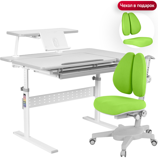 Комплект QP-PARTU 214438 Anatomica Dunga парта + кресло + надстройка + органайзер + подставка для книг белый/серый с зеленым креслом Armata Duos