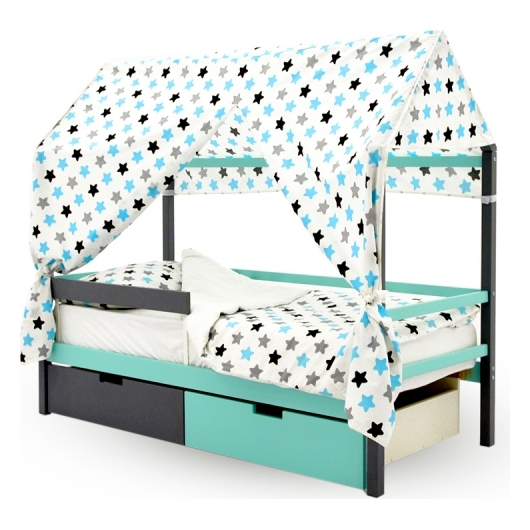 Крыша текстильная БЕЛЬМАРКО для кровати-домика SVOGEN звезды, графит, бирюза, серый, изображение 6