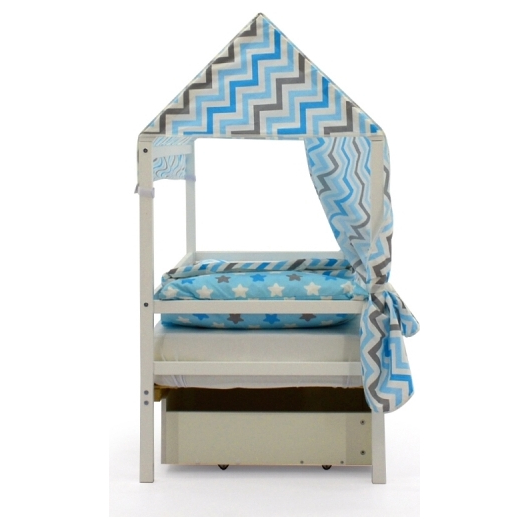 Крыша текстильная БЕЛЬМАРКО для кровати-домика SVOGEN зигзаги синий, голубой, графит, фон белый, изображение 2