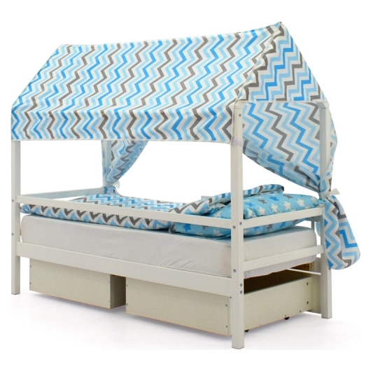 Крыша текстильная БЕЛЬМАРКО для кровати-домика SVOGEN зигзаги синий, голубой, графит, фон белый, изображение 4